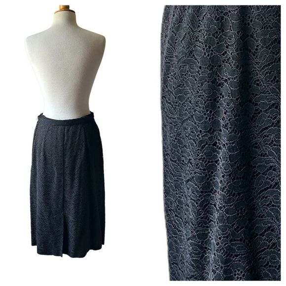 Vintage 1950s Black Lace Lined Midi Pencil Skirt with Belt - Picture 1 of 9